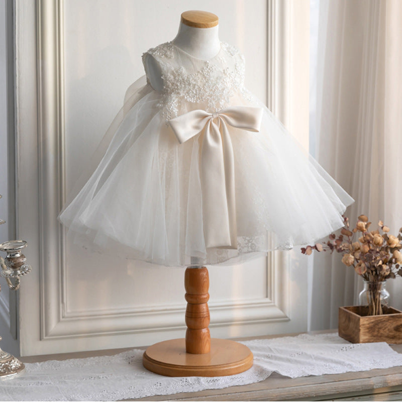 Ivory Lace Tulle Princess Flower Girl Dress Sleeveless Bow Tea