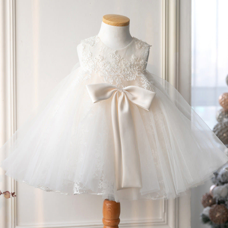 Ivory Lace Tulle Princess Flower Girl Dress Sleeveless Bow Tea
