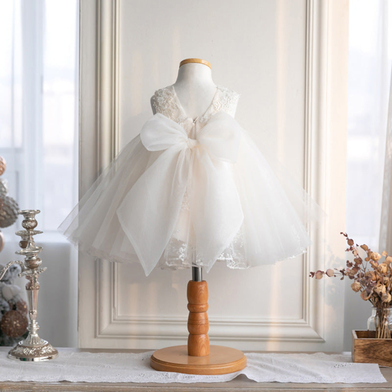 Ivory Lace Tulle Princess Flower Girl Dress Sleeveless Bow Tea