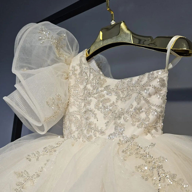 Ivory One Shoulder Sequin Tulle Flower Girl Dress – Princess Birthday & Party Dress
