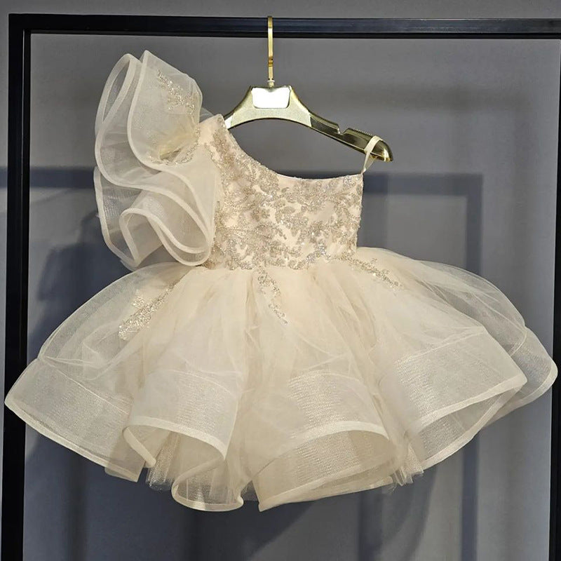 Ivory One Shoulder Sequin Tulle Flower Girl Dress – Princess Birthday & Party Dress