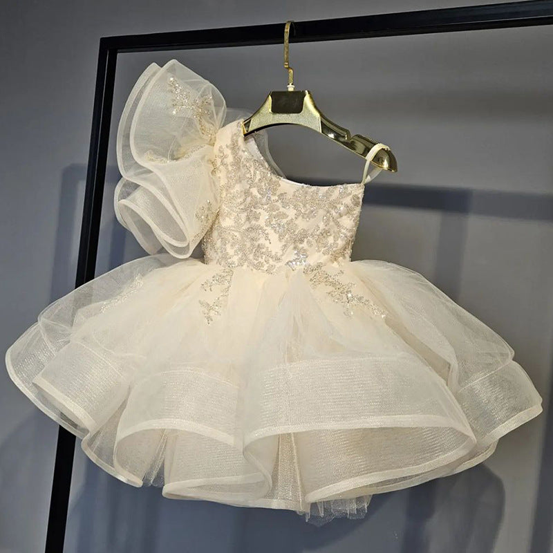Ivory One Shoulder Sequin Tulle Flower Girl Dress – Princess Birthday & Party Dress