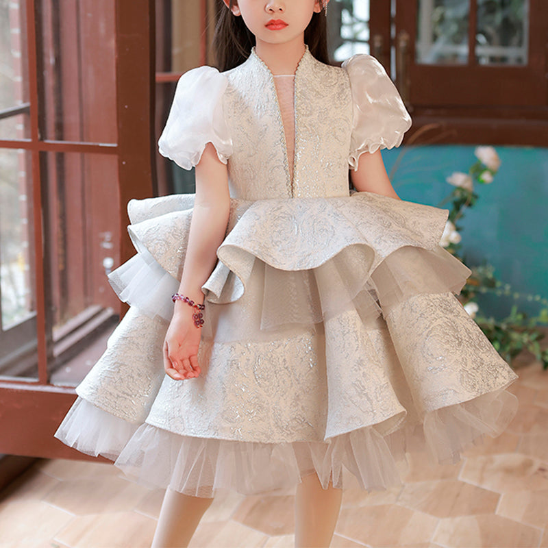 Ivory Princess Satin Puff Sleeve Flower Girl Dress