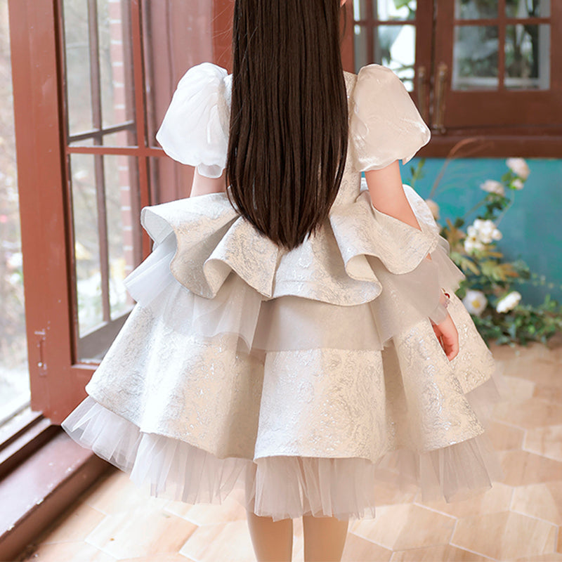 Ivory Princess Satin Puff Sleeve Flower Girl Dress