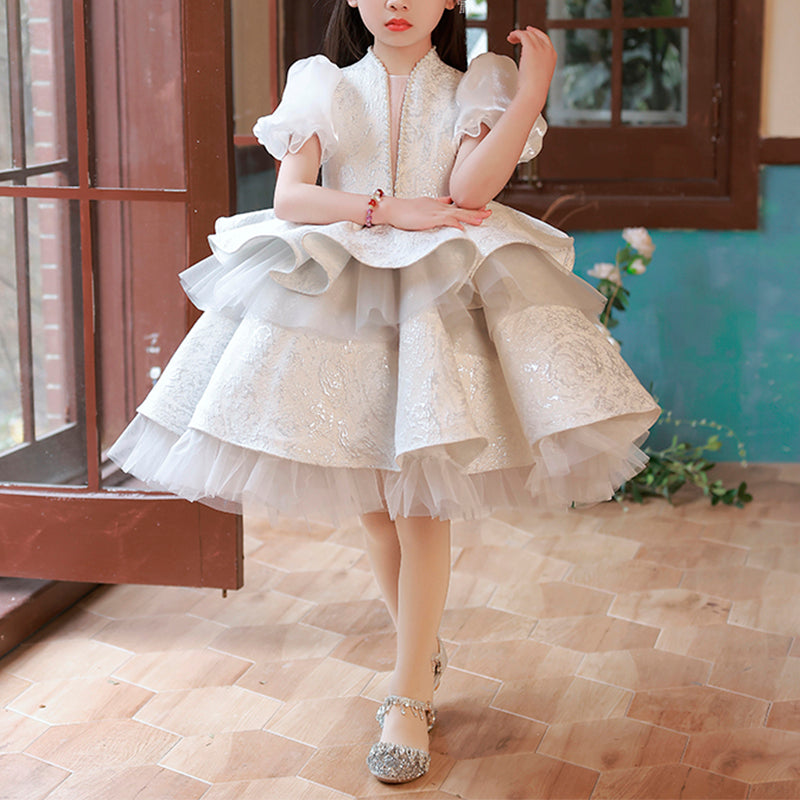 Ivory Princess Satin Puff Sleeve Flower Girl Dress