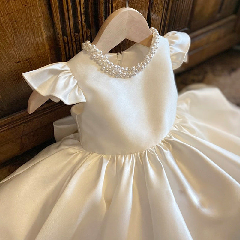 Ivory Satin Ball Gown Dress with Beaded Bow – Sleeveless Birthday & Party Dress for Girls
