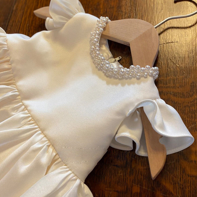 Ivory Satin Ball Gown Dress with Beaded Bow – Sleeveless Birthday & Party Dress for Girls