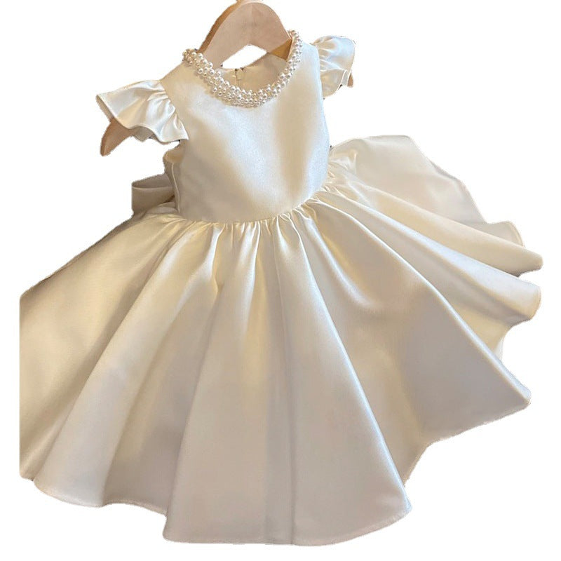 Ivory Satin Ball Gown Dress with Beaded Bow – Sleeveless Birthday & Party Dress for Girls