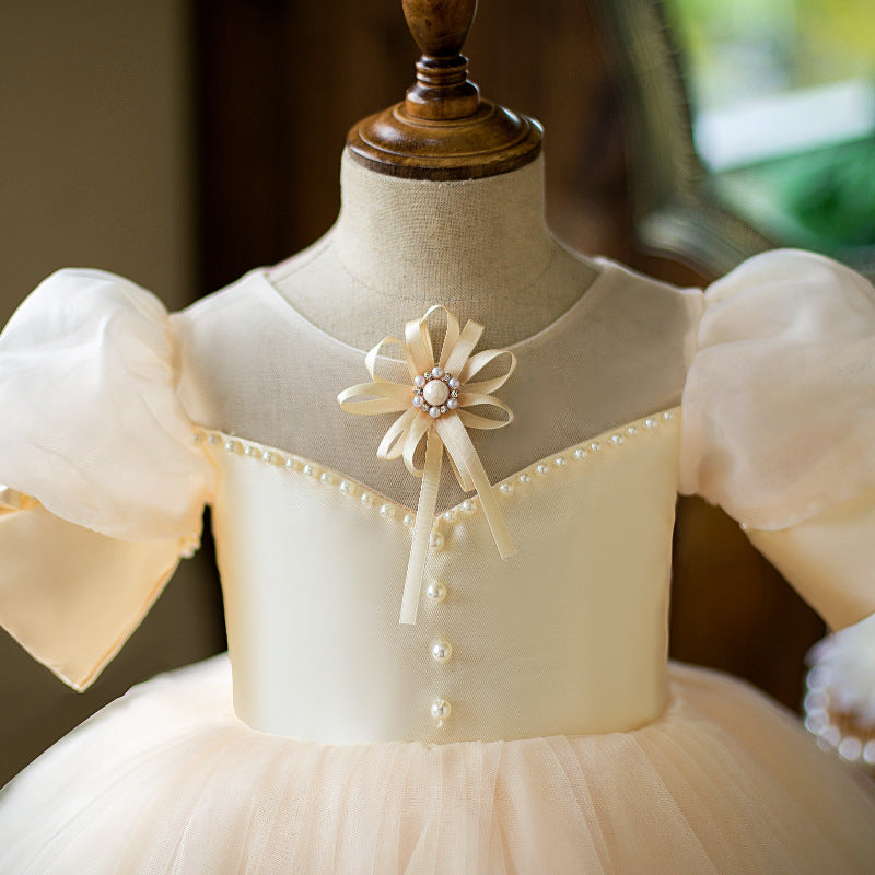 Ivory Satin Tulle Flower Girl Dress | Ruffles & Pleats