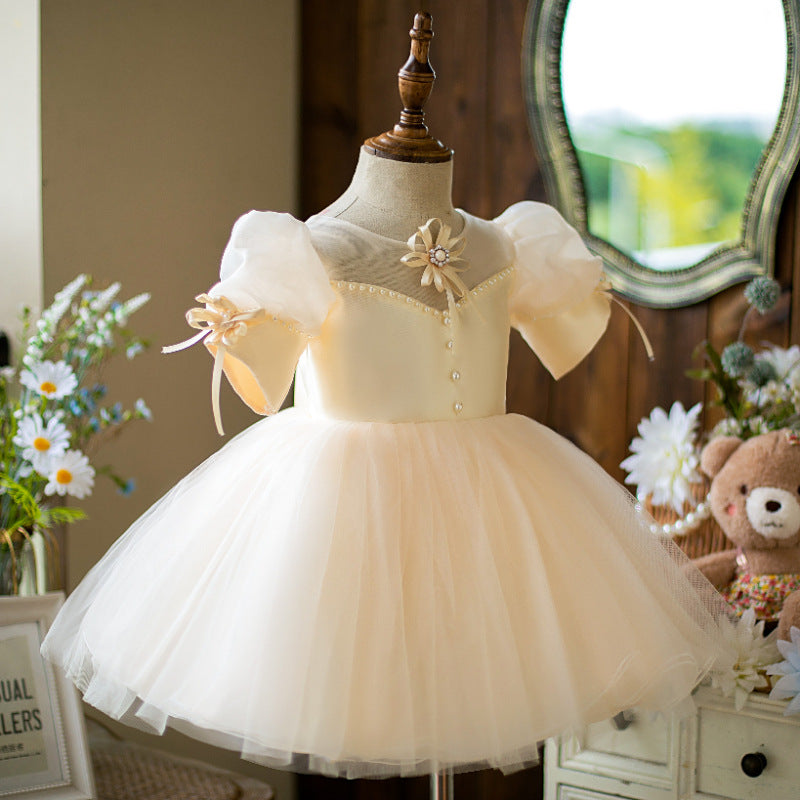 Ivory Satin Tulle Flower Girl Dress | Ruffles & Pleats