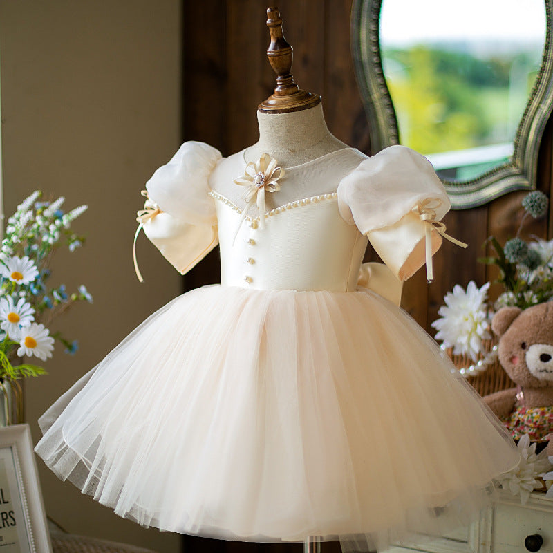 Ivory Satin Tulle Flower Girl Dress | Ruffles & Pleats