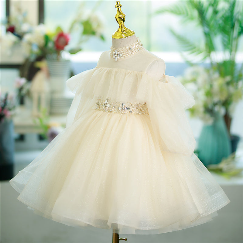 Ivory Sequin A-Line Flower Girl Dress Mock Neck Cold Shoulder