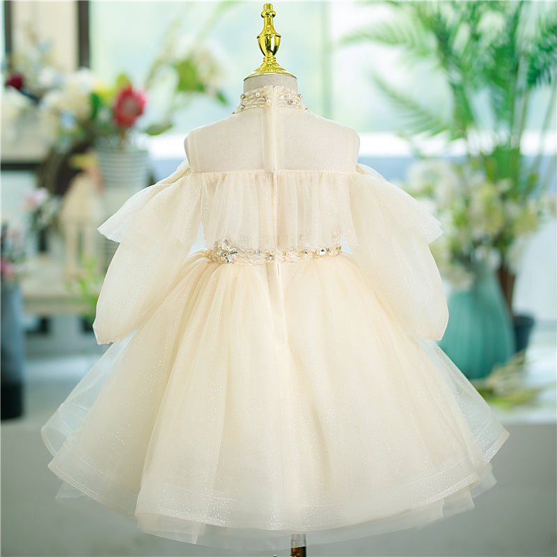 Ivory Sequin A-Line Flower Girl Dress Mock Neck Cold Shoulder