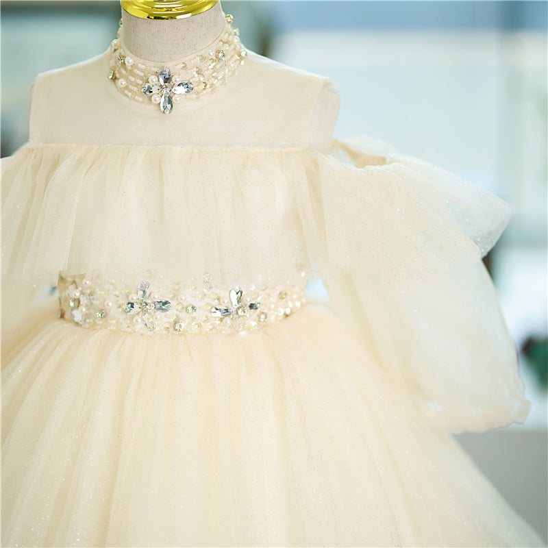 Ivory Sequin A-Line Flower Girl Dress Mock Neck Cold Shoulder