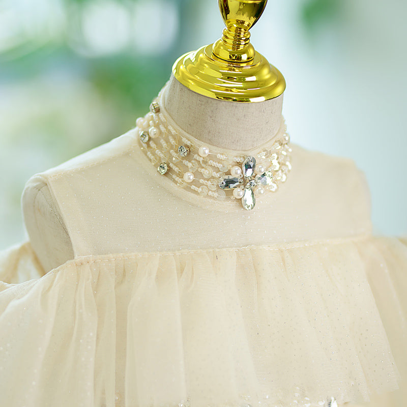 Ivory Sequin A-Line Flower Girl Dress Mock Neck Cold Shoulder