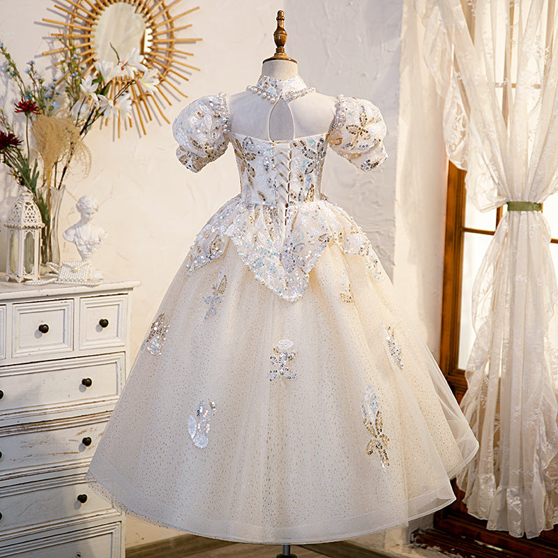 Ivory Sequined A-Line Flower Girl Dress with Puff Sleeves