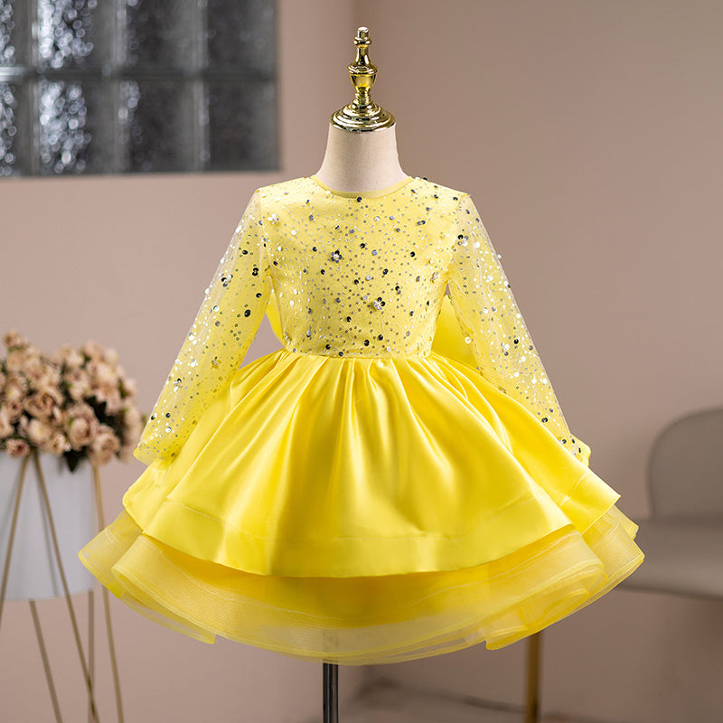 Kids Sequined Ball Gown Dress with Tiered Skirt and Long Sleeves | Yellow / 3-4 Years (110cm) | Mia Princess Kids Sequined Ball Gown Dress with Tiered Skirt and Long Sleeves | Yellow / 3-4 Years (110cm) | Mia Princess