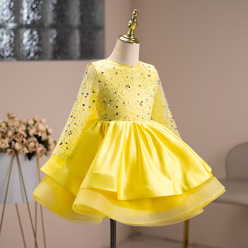 Girls Ball Gown Sequin Dress with Long Sleeves & Tiered Skirt – Party & Special Occasion