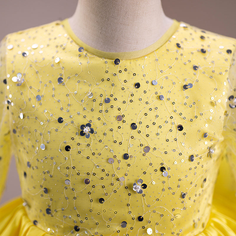 Girls Ball Gown Sequin Dress with Long Sleeves & Tiered Skirt – Party & Special Occasion