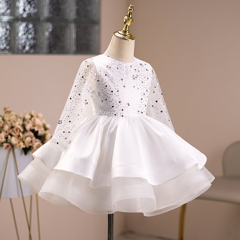 Girls Ball Gown Sequin Dress with Long Sleeves & Tiered Skirt – Party & Special Occasion