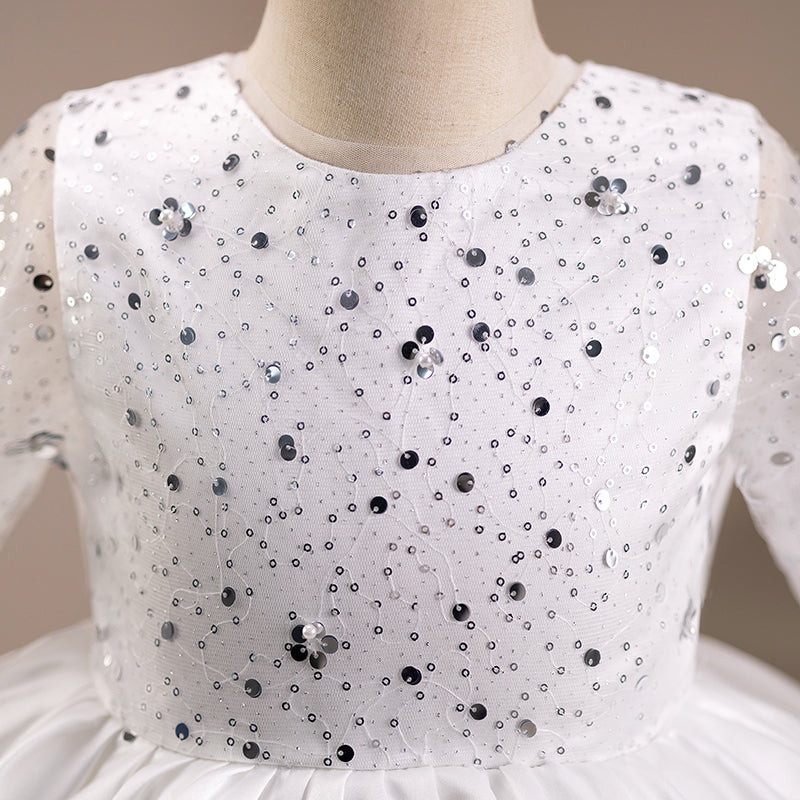 Girls Ball Gown Sequin Dress with Long Sleeves & Tiered Skirt – Party & Special Occasion