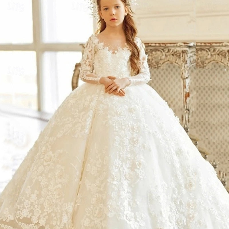 Ivory Lace Long Sleeve Flower Girl Dress for Special Occasions | Floor-Length V-Neck Formal Dress