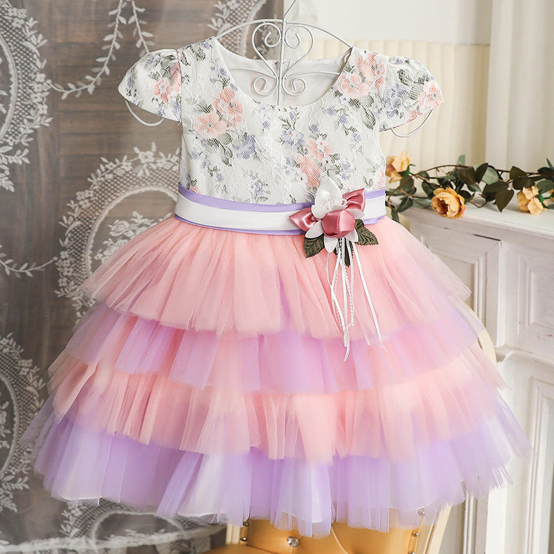 Lace Tulle A-Line Flower Girl Dress Cap Sleeve Knee