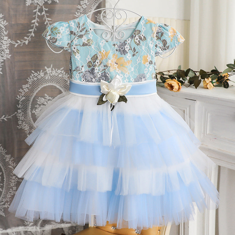 Lace Tulle A-Line Flower Girl Dress Cap Sleeve Knee