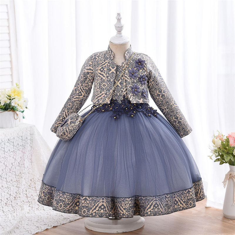 Lace Tulle Princess Flower Girl Dress Long Sleeves Flowers