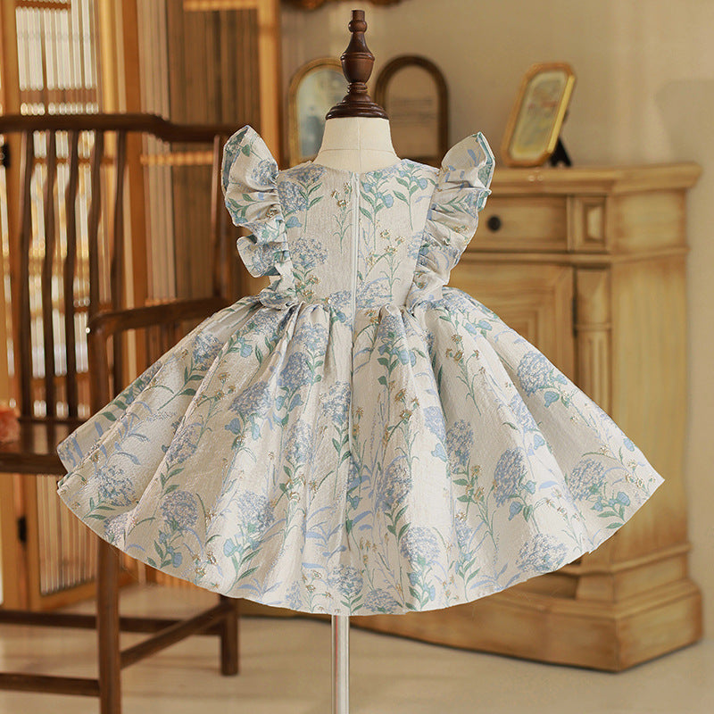 Light Blue Floral Print Satin Princess Dress for Girls - Birthday, Wedding & Party Wear