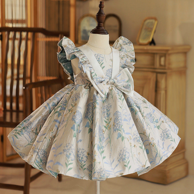 Light Blue Floral Print Satin Princess Dress for Girls - Birthday, Wedding & Party Wear