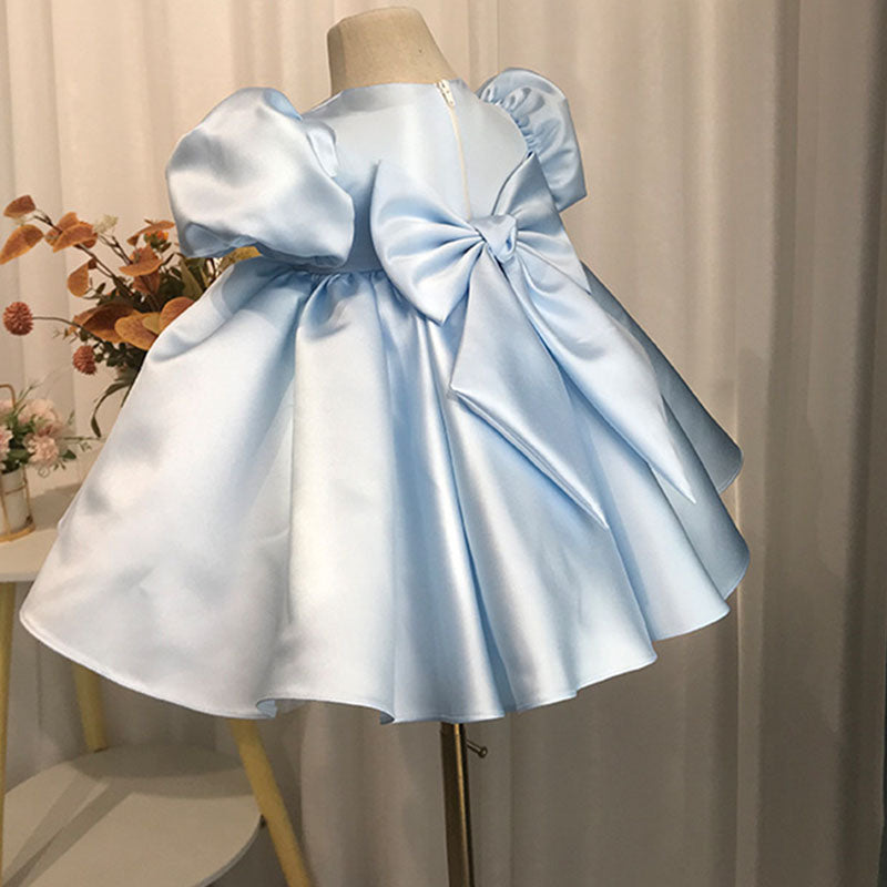 Light Blue Satin Ball Gown Princess Dress for Girls with Bows & Sequins