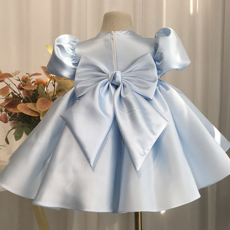 Light Blue Satin Ball Gown Princess Dress for Girls with Bows & Sequins