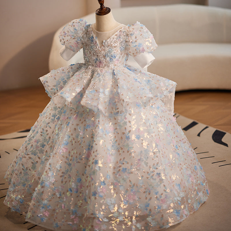 Light Blue Sequined Floral Ball Gown Dress for Girls - Special Occasion Princess Dress
