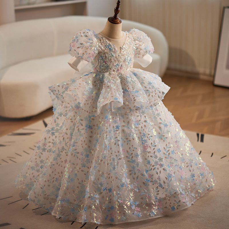 Light Blue Sequined Floral Ball Gown Dress for Girls - Special Occasion Princess Dress