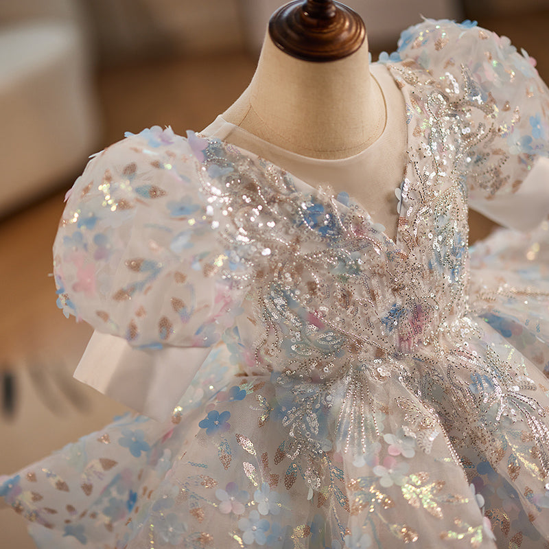 Light Blue Sequined Floral Ball Gown Dress for Girls - Special Occasion Princess Dress