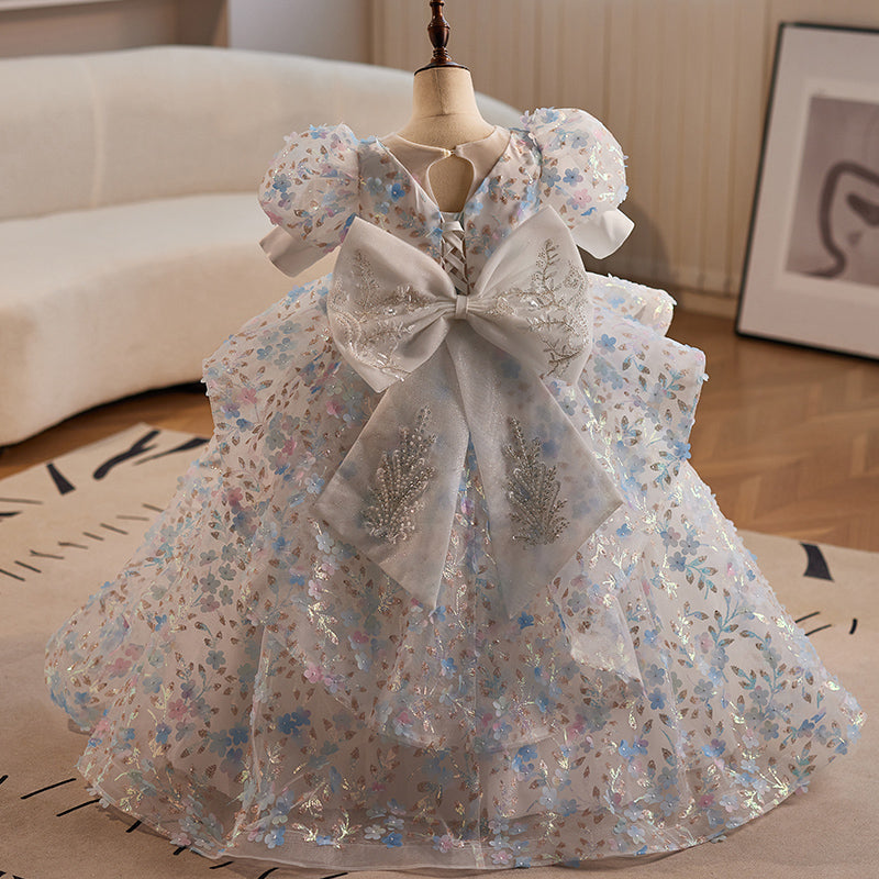 Light Blue Sequined Floral Ball Gown Dress for Girls - Special Occasion Princess Dress