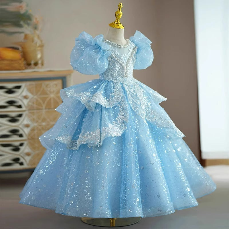 Light Blue Sequined Princess Dress for Girls | Puffy Tiered Holiday Gown