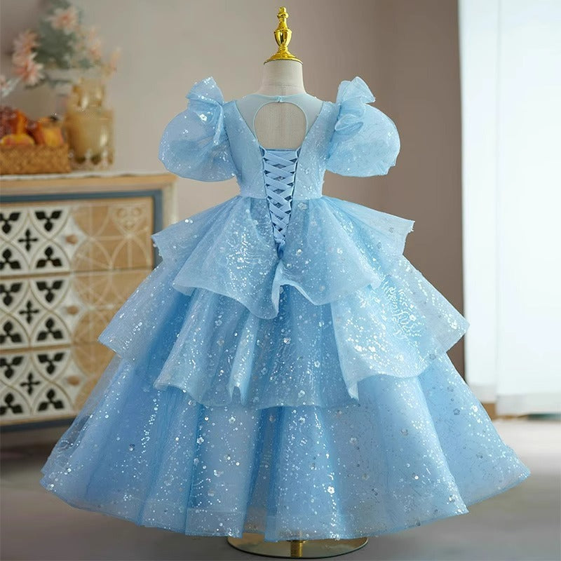 Light Blue Sequined Princess Dress for Girls | Puffy Tiered Holiday Gown