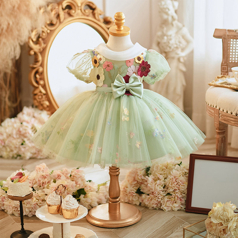 Light Green Princess Tulle Dress with Lace & Floral Details for Girls