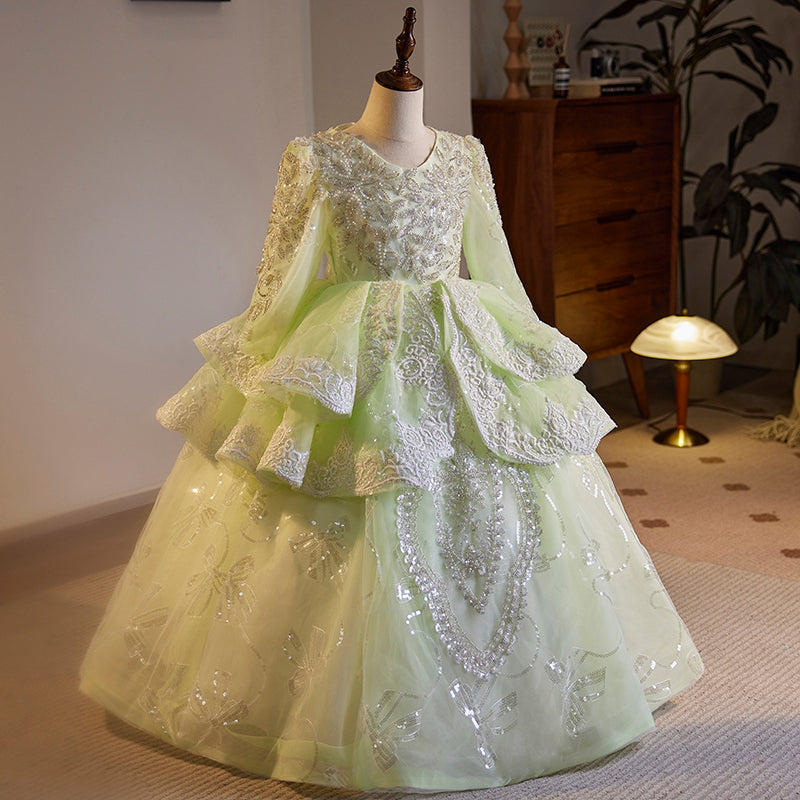 Light Green Princess Sequin Beaded Long Sleeve Dress for Girls (3-12 Years)