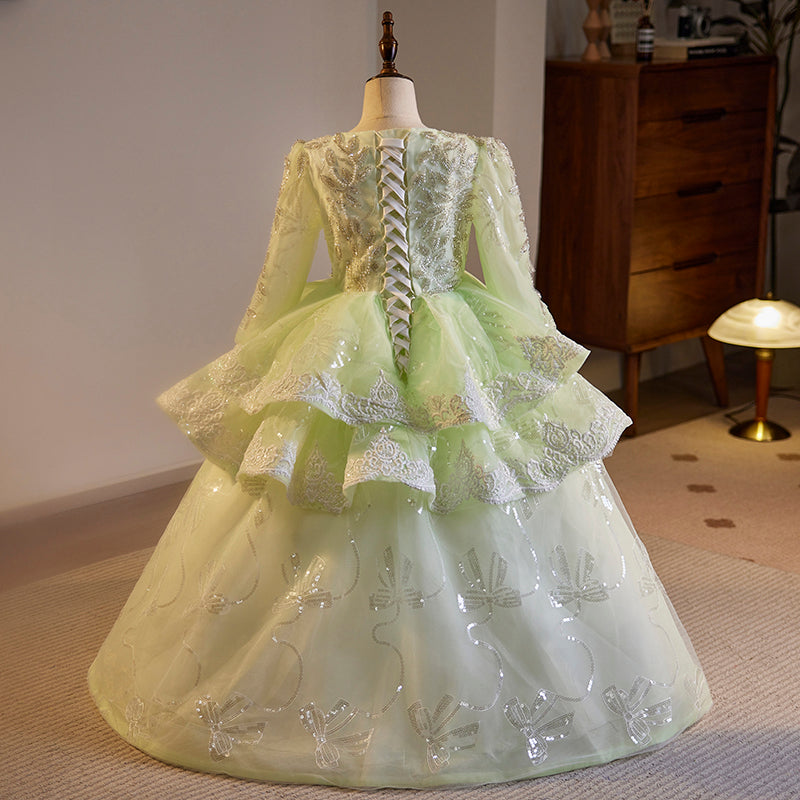 Light Green Princess Sequin Beaded Long Sleeve Dress for Girls (3-12 Years)