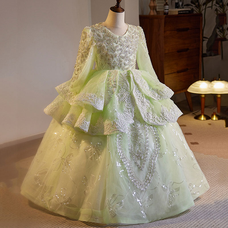 Light Green Princess Sequin Beaded Long Sleeve Dress for Girls (3-12 Years)