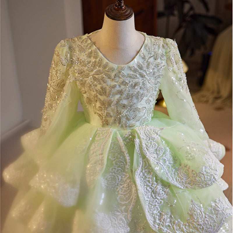 Light Green Princess Sequin Beaded Long Sleeve Dress for Girls (3-12 Years)