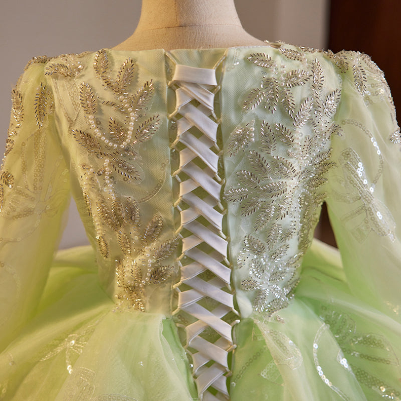 Light Green Princess Sequin Beaded Long Sleeve Dress for Girls (3-12 Years)