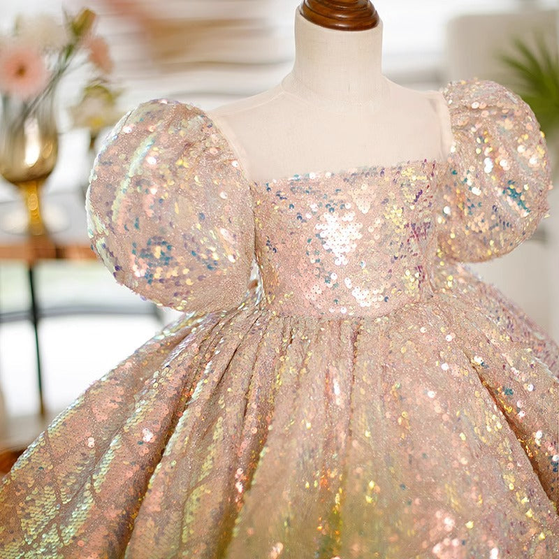 Light Pink Sequin Princess Dress for Girls – Square Neck, Short Sleeve, Knee Length