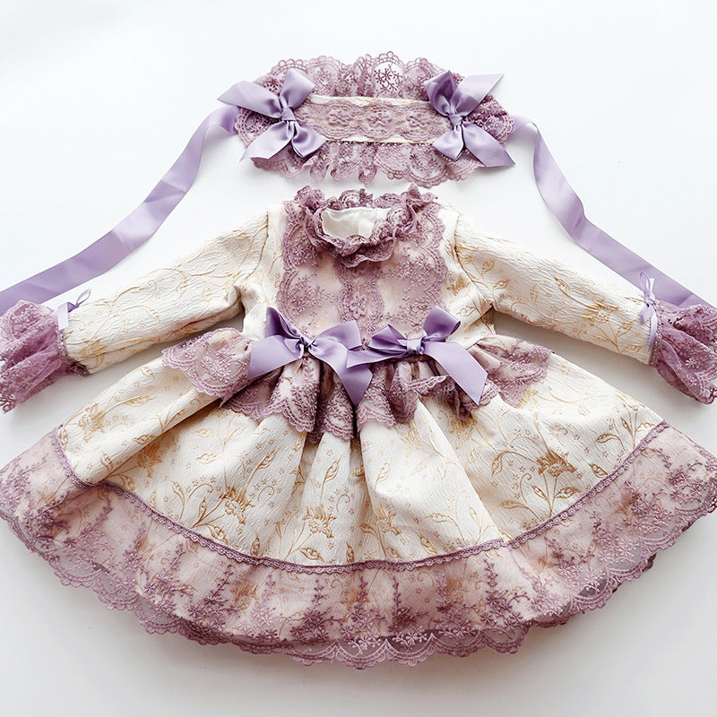 Lilac Lace Princess Flower Girl Dress with Mock Neck & Long Sleeves