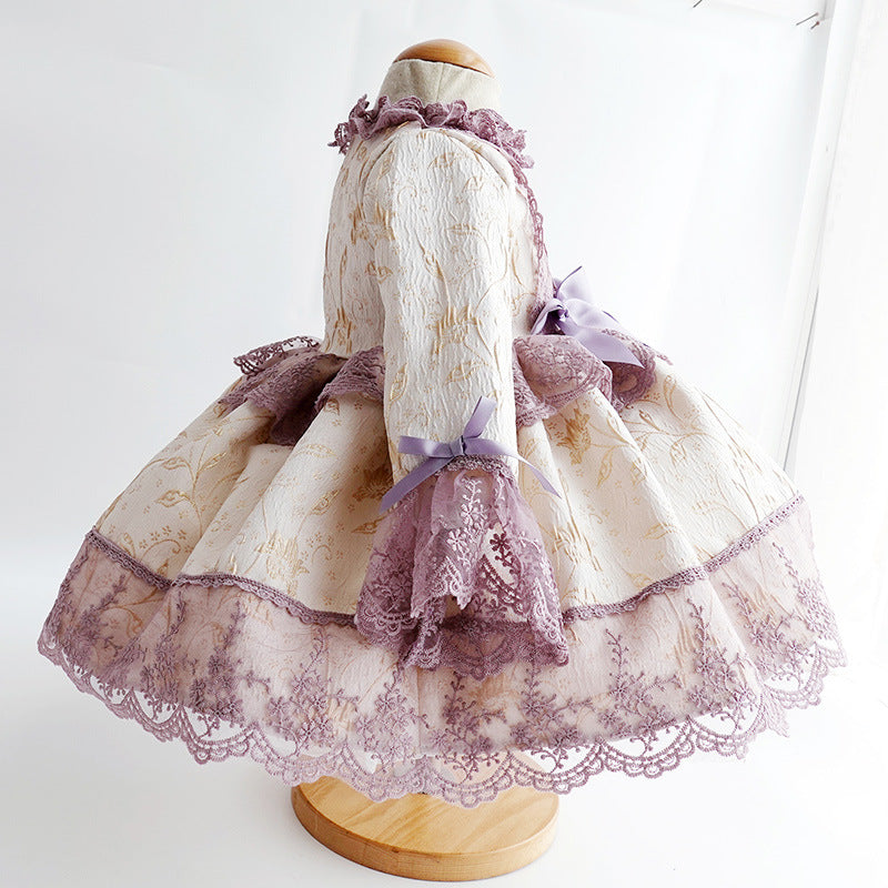 Lilac Lace Princess Flower Girl Dress with Mock Neck & Long Sleeves