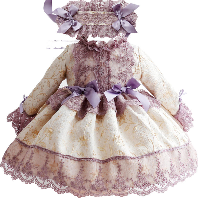 Lilac Lace Princess Flower Girl Dress with Mock Neck & Long Sleeves