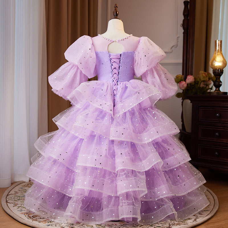 Lilac Princess Tulle Flower Girl Dress - Puff Long Sleeves